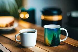 dois café canecas com uma floresta cena em eles. gerado por IA foto