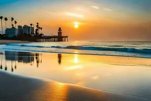 a Sol conjuntos sobre a de praia e uma farol. gerado por IA foto