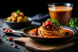 espaguete com almôndegas e tomate molho dentro uma tigela. gerado por IA foto