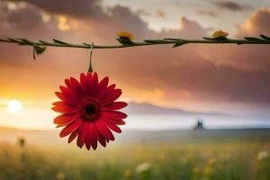 uma vermelho flor é suspensão a partir de uma fio dentro frente do uma pôr do sol. gerado por IA foto