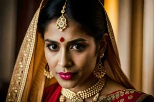 uma lindo indiano noiva dentro tradicional traje. gerado por IA foto