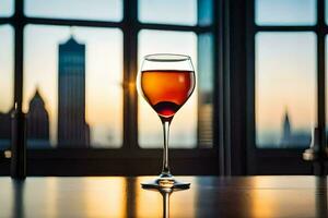 uma vidro do vinho sentado em uma mesa dentro frente do uma paisagem urbana. gerado por IA foto