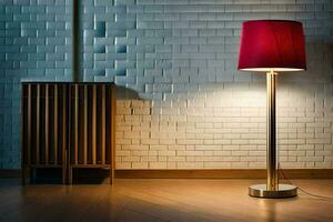 uma luminária é sentado em uma de madeira chão Próximo para uma tijolo muro. gerado por IA foto