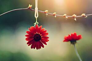 vermelho flor suspensão a partir de uma ramo com Sol brilhando dentro a fundo. gerado por IA foto