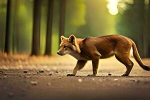 uma vermelho cachorro caminhando em uma estrada dentro a madeiras. gerado por IA foto