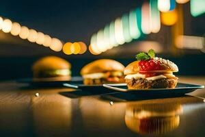 três pequeno sanduíches em uma mesa com luzes dentro a fundo. gerado por IA foto