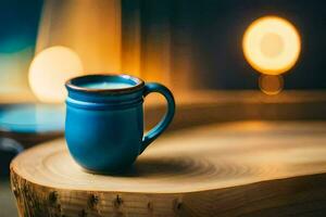 azul caneca em uma de madeira mesa. gerado por IA foto