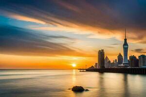 a Sol conjuntos sobre a cidade Horizonte dentro dubai. gerado por IA foto