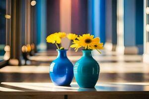dois azul vasos com amarelo flores sentado em uma mesa. gerado por IA foto