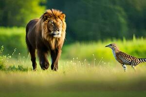 a leão e a pássaro. gerado por IA foto