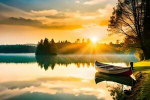 a barco é em a costa do a lago às nascer do sol. gerado por IA foto
