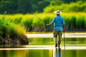 uma homem com uma chapéu e pescaria Cajado é caminhando através uma rio. gerado por IA foto