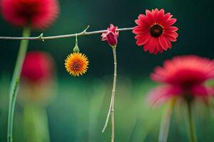 vermelho flores e amarelo flores estão em uma ramo. gerado por IA foto