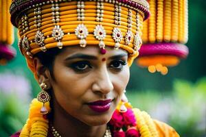 uma mulher vestindo uma colorida cocar e joia. gerado por IA foto