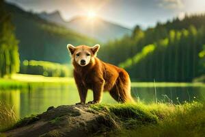 uma Urso em pé em uma Rocha dentro a meio do uma lago. gerado por IA foto