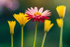 uma grupo do amarelo e Rosa flores gerado por IA foto