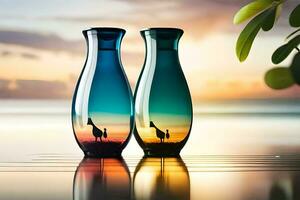 dois vasos com girafa silhuetas em a de praia. gerado por IA foto