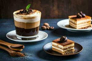 uma sobremesa com café e chocolate em uma mesa. gerado por IA foto