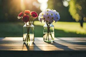 dois vasos com flores sentado em uma mesa. gerado por IA foto