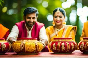 uma casal dentro tradicional indiano vestuário estão segurando potes. gerado por IA foto