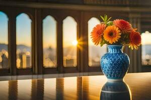 uma vaso com laranja flores sentado em uma mesa dentro frente do uma janela. gerado por IA foto