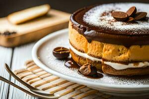 uma chocolate bolo com uma chocolate o preenchimento e nozes. gerado por IA foto