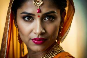 uma lindo indiano mulher vestindo uma tradicional sári. gerado por IA foto