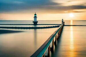 uma farol é visto dentro a distância às pôr do sol. gerado por IA foto