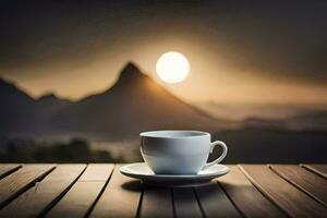 uma copo do café em uma de madeira mesa dentro frente do uma montanha. gerado por IA foto