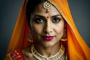 retrato do uma lindo indiano mulher vestindo uma tradicional sári. gerado por IA foto