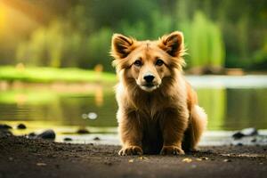 uma cachorro sentado em a terra perto uma lago. gerado por IA foto