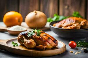 frango em uma de madeira borda com tomates e ervas. gerado por IA foto