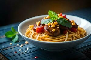 espaguete com carne e legumes dentro uma tigela. gerado por IA foto