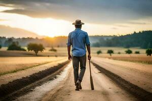 uma homem caminhando baixa uma sujeira estrada com uma beisebol bastão. gerado por IA foto