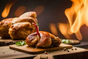 assado frango em uma de madeira borda com fogo dentro a fundo. gerado por IA foto