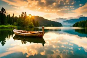 uma barco é flutuando em uma lago às pôr do sol. gerado por IA foto