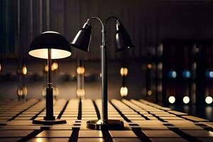 dois lâmpadas estão sentado em uma mesa dentro frente do uma Sombrio sala. gerado por IA foto