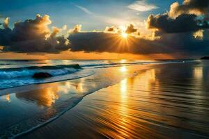 a Sol sobe sobre a oceano e nuvens em a de praia. gerado por IA foto