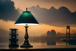 uma luminária e caixas de som em uma mesa dentro frente do uma cidade. gerado por IA foto