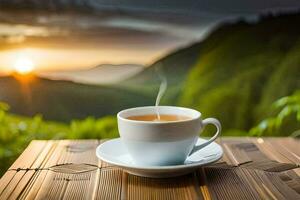 uma copo do chá em uma de madeira mesa dentro frente do uma lindo montanha visualizar. gerado por IA foto
