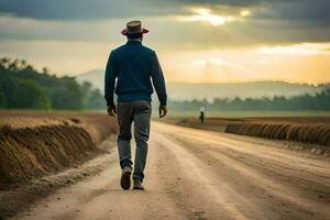 uma homem caminhando baixa uma sujeira estrada às pôr do sol. gerado por IA foto