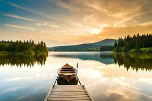 uma barco é ancorado em uma lago às pôr do sol. gerado por IA foto