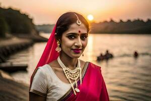 uma lindo indiano mulher dentro uma sari poses para a Câmera. gerado por IA foto