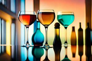 vinho óculos em uma mesa com colorida vinho garrafas. gerado por IA foto