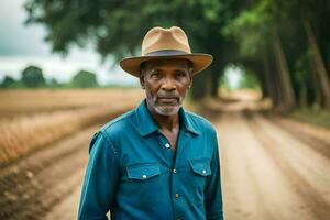 a africano americano homem dentro uma chapéu em pé em uma sujeira estrada. gerado por IA foto