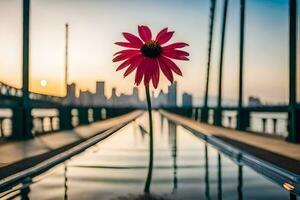 uma flor é em pé em uma ponte com uma cidade dentro a fundo. gerado por IA foto