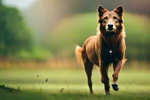 uma Castanho cachorro corrida através uma campo. gerado por IA foto