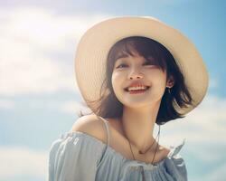 alegre ásia menina desfrutando verão ai generativo foto