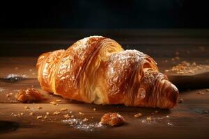 crocantes croissants em uma de madeira borda. ai gerado foto