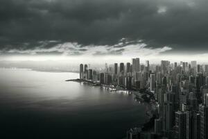 panorama do uma moderno cidade com arranha-céus edifícios ao longo a costa, Preto e branco foto. ai gerado foto